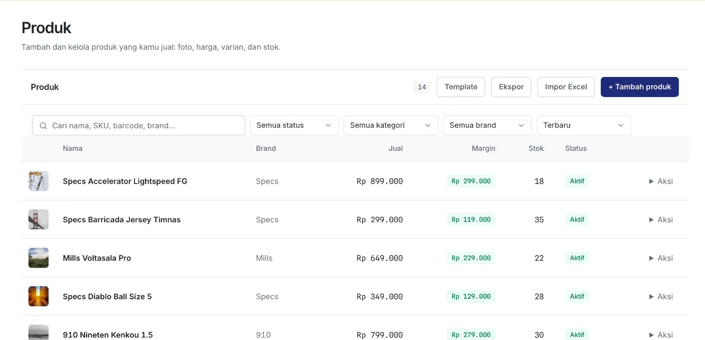 Katalog produk dengan kategori, harga, harga coret, stok, dan status setiap produk.