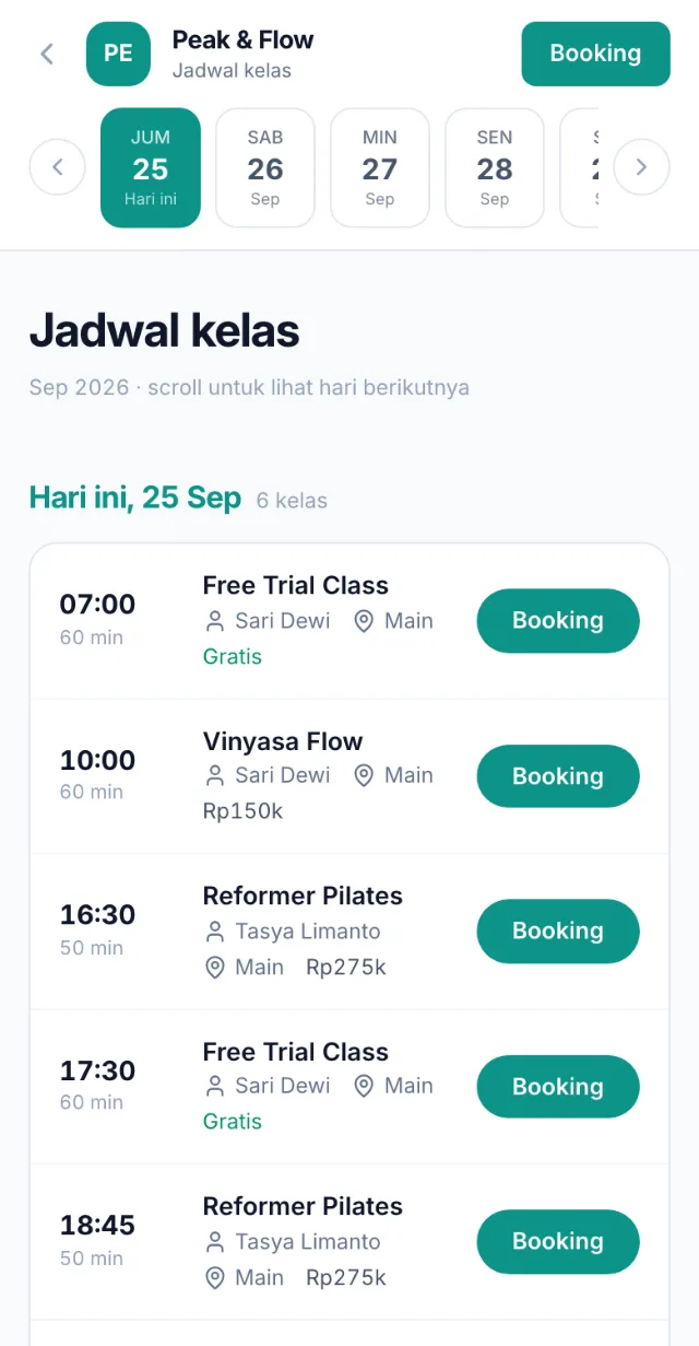 Halaman jadwal kelas publik di ponsel dengan tanggal, nama kelas, instruktur, harga, dan tombol Booking.