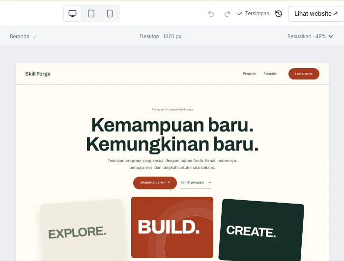Website Builder Konteks: daftar halaman dan lapisan di kiri, kanvas website di tengah, dan tombol Terbitkan di kanan atas.
