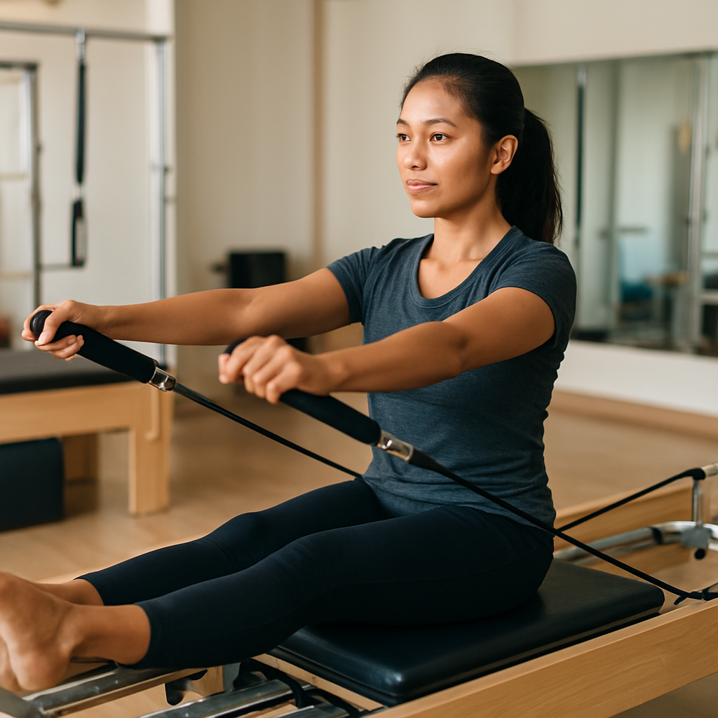 Peserta pilates Indonesia berlatih dengan reformer